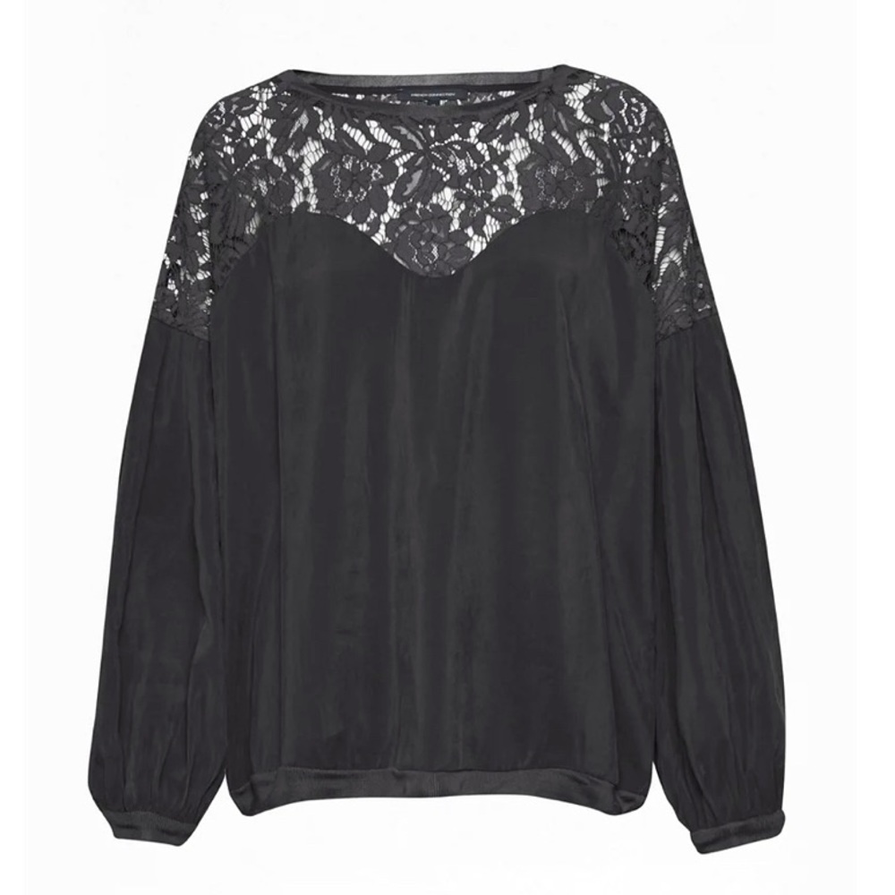 French Connection Lassia Cupro Lace Yoke Top Knit Sweater Black Small S